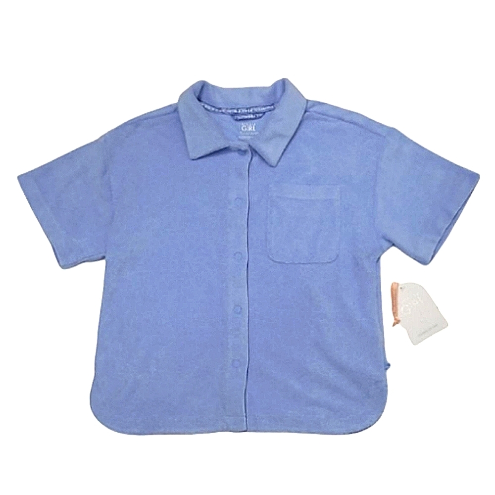 Athleta Girl Jump Terry Button Down Front Top Organic Collar Short Sleeve Shirt